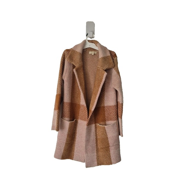 Farmers Market Sweaters - Farmers Market Duster Cardigan Womens M Pink Brown Patchwork Fuzzy Open Front